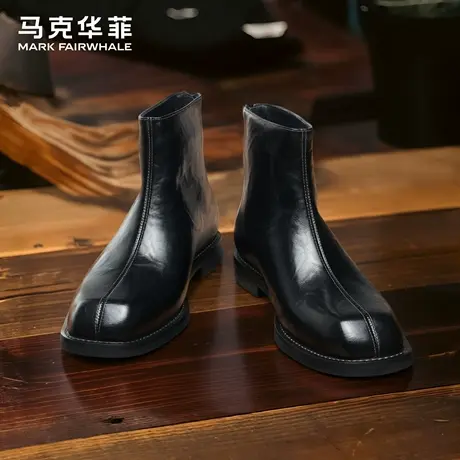 马克华菲切尔西靴男靴2025新款黑色高帮真皮休闲方头皮鞋马丁靴男商品大图