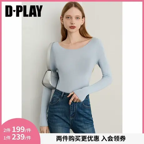 DPLAY2025年秋季新款蓝色针织衫女100羊毛修身打底衫长袖上衣商品大图