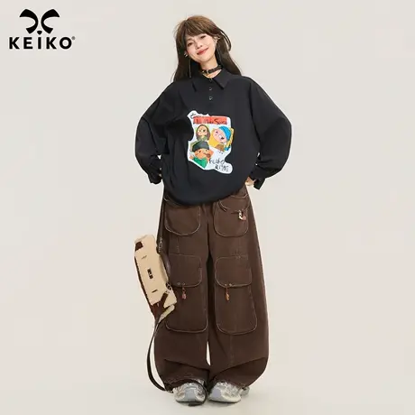 KEIKO 美式复古黑色长袖polo衫上衣女25秋冬创意印花宽松休闲卫衣商品大图