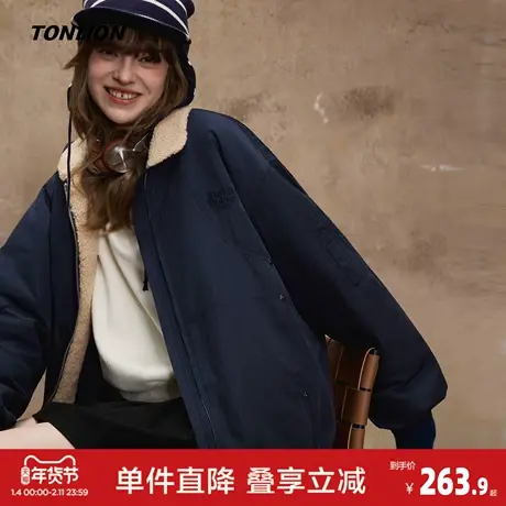 唐狮2026秋冬季短款厚外套女撞色仿羊羔绒领子短款棉衣保暖夹克图片