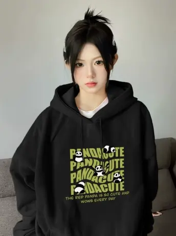 国潮熊猫连帽卫衣女2023年春秋季新款薄款百搭显瘦学生带帽上衣潮商品大图