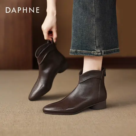 达芙妮尖头短靴女2026新款冬季加绒棕色瘦瘦靴子平底切尔西马丁靴图片