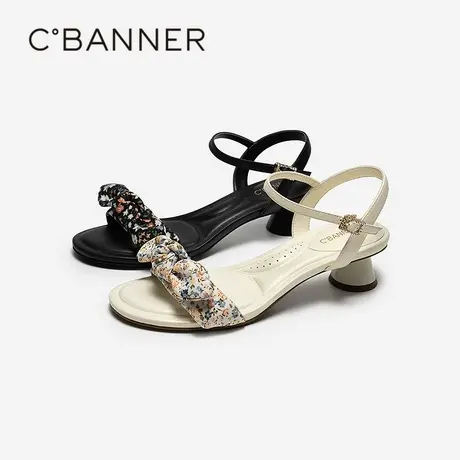 【上新】千百度蝴蝶结一字带时装凉鞋女2026夏季新款粗跟高跟凉鞋图片