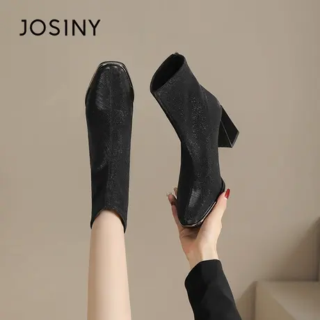 卓诗尼高跟瘦瘦靴女2025新款秋季法式气质粗跟漆皮方头切尔西短靴图片