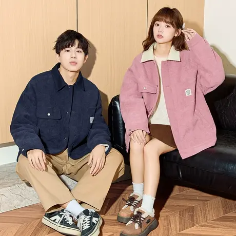 唐狮春季新款情侣外套男女灯芯绒厚翻领外套情侣装高级感上衣TD图片