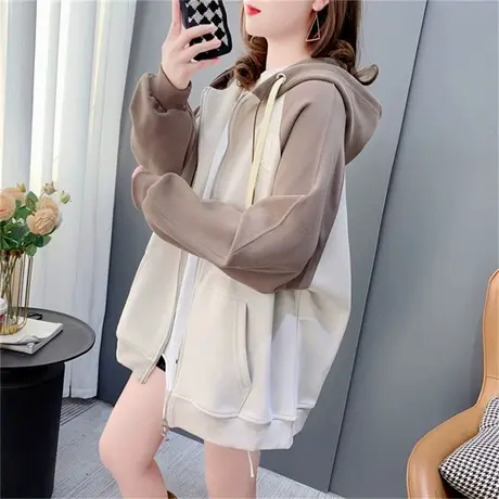 慵懒风休闲拼色连帽卫衣开衫女2023新款春季宽松学生百搭上衣外套商品大图