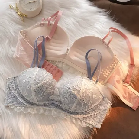 小胸聚拢内衣女甜美蕾丝少女风胸罩无钢圈上托收副乳乳胶文胸套装图片