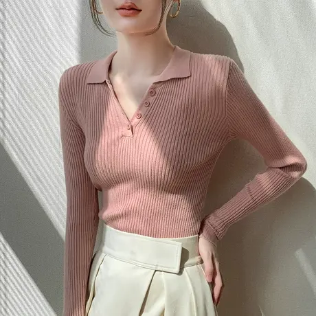 POLO领针织衫女长袖2023秋季新品纽扣外穿修身减龄翻领内搭上衣商品大图