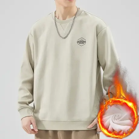 冬季男装加绒加厚潮牌重磅圆领卫衣秋冬款防风保暖长袖上衣服冬天商品大图