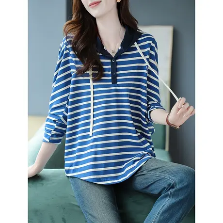 宝诗黎连帽条纹长袖宽松卫衣2023年早秋新款棉质上衣时尚休闲女装商品大图
