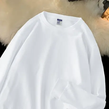 260g重磅纯棉长袖t恤男生秋冬内搭打底衫纯色白色上衣服美式体恤商品大图