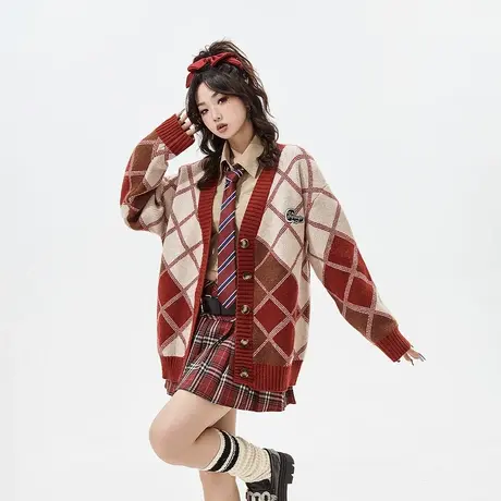 YEP复古格子开衫毛衣女秋冬2023年新款潮牌宽松设计感针织衫外套商品大图