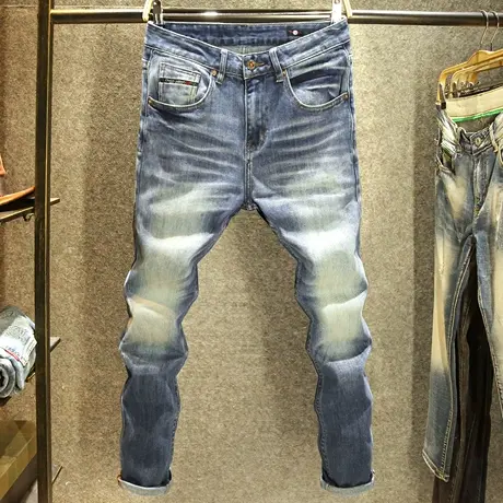 秋冬款裤子男牛仔裤修身小直筒弹力裤子高端水洗磨白耐磨潮流长裤商品大图