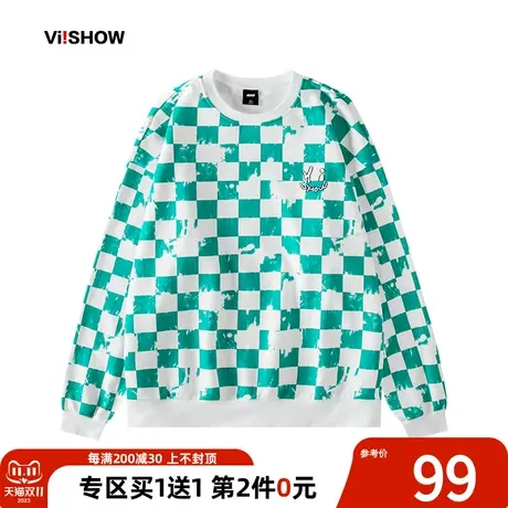 VIISHOW绿色卫衣男2023春秋新品潮牌时尚帽衫圆领套头棋盘格上衣商品大图