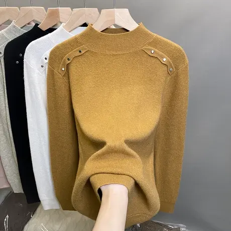 半高领毛衣女钉珠打底衫2023秋冬新款套头外穿针织衫洋气内搭上衣图片