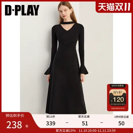 DPLAY2023冬新名媛半高领喇叭袖设计黑色针织连衣裙长裙女图片