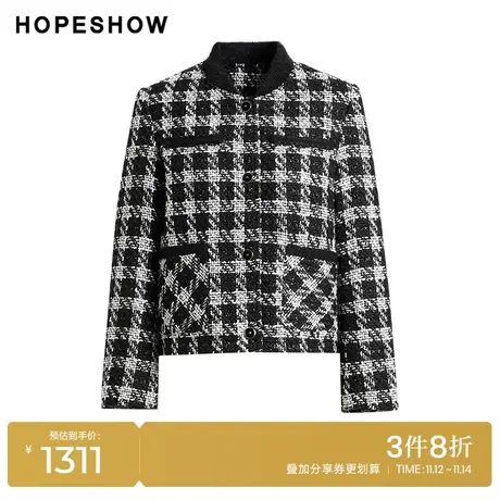 红袖outlets香风单排扣短外套hopeshow2023冬立领精致温柔风上衣商品大图