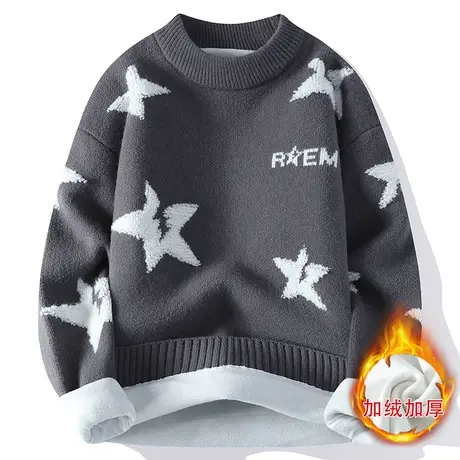 国潮提花五角星毛衣男2023秋冬季宽松加厚加绒针织打底衫圆领线衣商品大图