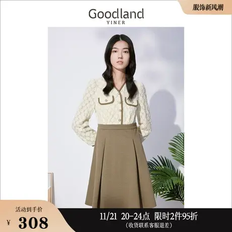 Goodland美地女装冬季长袖设计感拼接蕾丝衬衫连衣裙图片