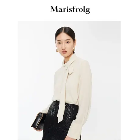 【真丝轻工艺】玛丝菲尔秋季新款鹅黄色飘带领气质名媛桑蚕丝衬衫商品大图