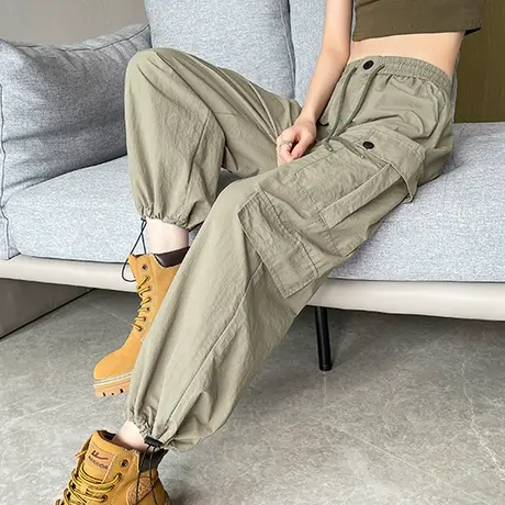 美式九分阔腿工装裤女春秋新款高腰显瘦宽松束脚直筒运动休闲裤子图片