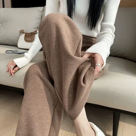 高腰毛呢羊绒阔腿裤女冬季卡其色高腰宽松直筒加厚垂感拖地休闲裤商品大图