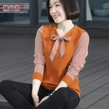 2025新款春装V领拼接飘带雪纺长袖女T恤女装韩版宽松妈妈大码上衣商品大图