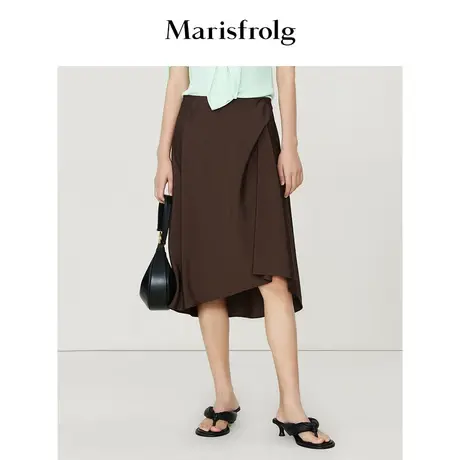 【商场同款】玛丝菲尔2023年夏季新款咖啡色醋纤高腰不规则半身裙商品大图