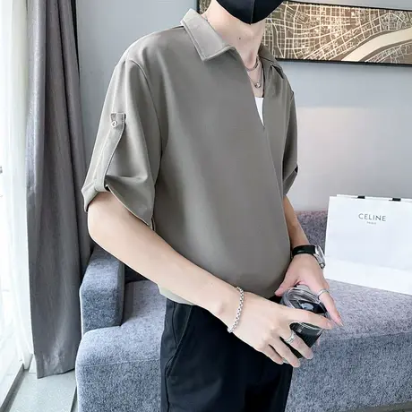 夏季男个性短袖衬衫上衣宽松中袖潮流休闲帅气INS假两件薄款衬衣商品大图