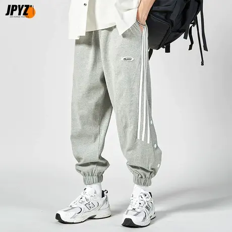 工装裤美式绣标条纹运动宽松港风潮牌排扣束脚灰色卫裤休闲长裤男商品大图