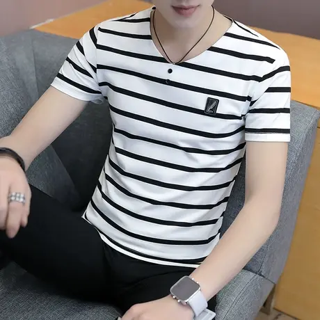 2025夏装新款男士短袖t恤条纹棉感v领修身帅气潮流衣服男半袖商品大图