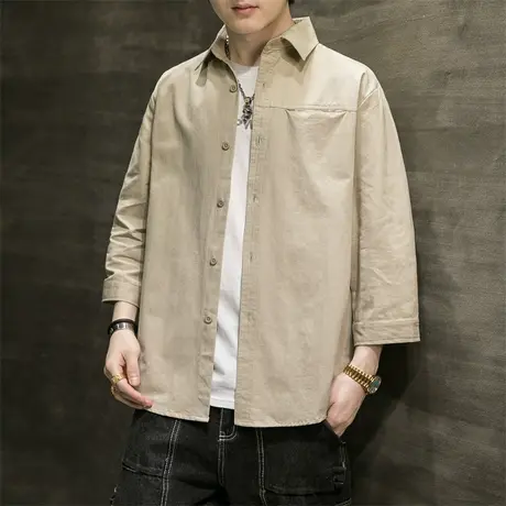短袖衬衫男夏季薄款宽松纯棉七分袖寸衫外套男士潮牌简约休闲衬衣商品大图
