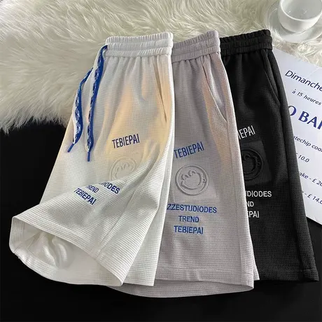 刺绣笑脸休闲华夫格短裤男潮流夏季2024新款运动宽松抽绳五分裤子商品大图