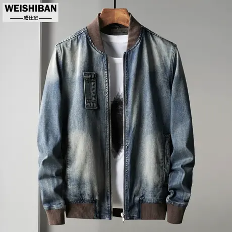 春秋季复古做旧牛仔外套男潮流棒球领怀旧休闲夹克螺纹领机车上衣商品大图