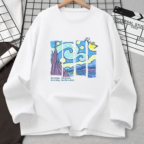 白色纯棉长袖t恤女2023秋季新款油画薄款宽松内搭打底衫女装上衣图片