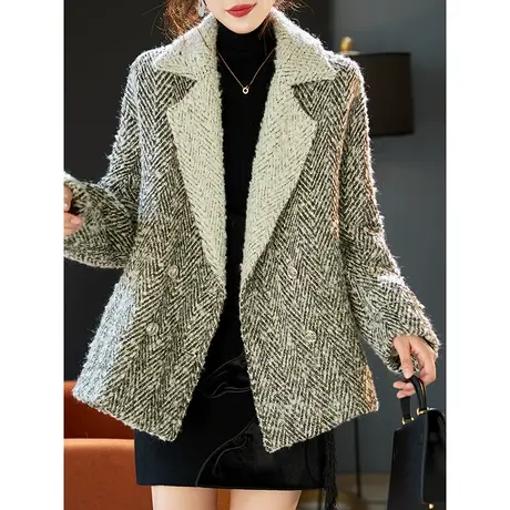 宝诗黎双排扣亮丝加棉加厚外套女2023年秋冬新款时尚休闲百搭上衣商品大图