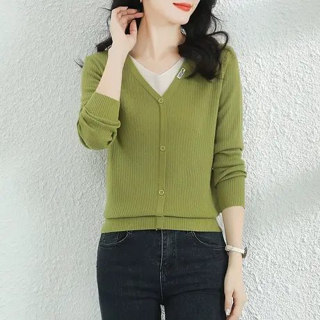 韩潮袭人百搭V领假两件针织衫女2024新款薄上衣长袖套头打底毛衣商品大图