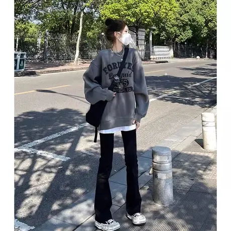 深灰色圆领卫衣女春秋2023新款爆款chic港风宽松字母印花长袖上衣商品大图
