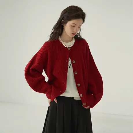 omont蛋挞家 复古羊毛针织开衫女秋冬新款圆领慵懒宽松厚毛衣商品大图