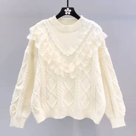 蕾丝花边拼接麻花毛衣女秋冬2023新款宽松慵懒风设计感针织衫上衣图片