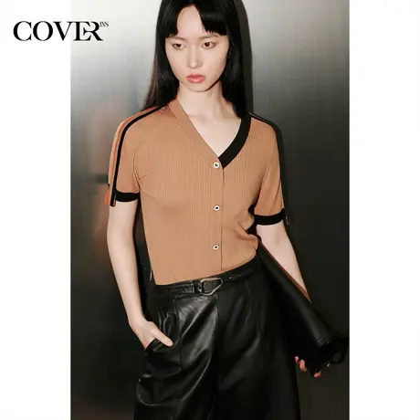 COVER夏季真丝天丝棉假门襟条纹针织衫图片
