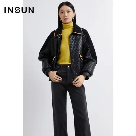 INSUN恩裳线上专选冬季格纹撞色拼接皮草外套商品大图