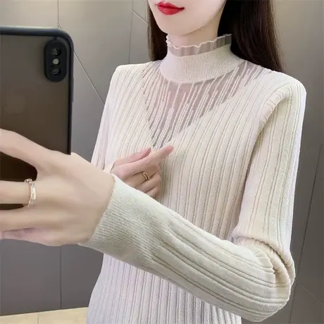 天鹅绒蕾丝半高领针织打底衫女秋冬2023新款内搭修身网红爆款上衣商品大图