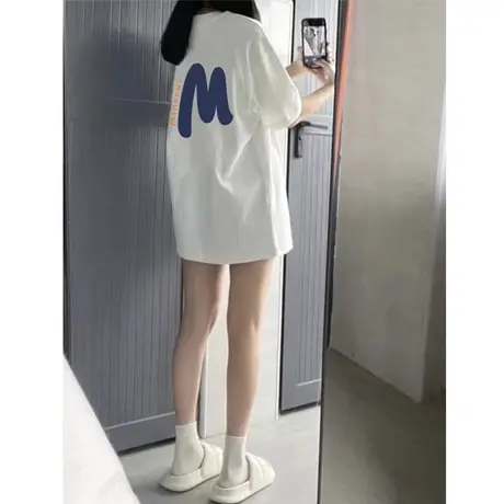 中长款白色纯棉短袖t恤女2023新款夏季宽松oversize美式复古上衣商品大图