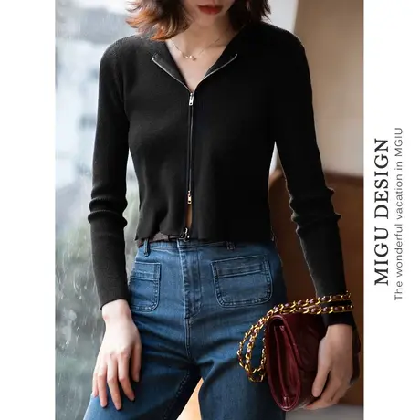 弥古黑色连帽针织衫短款双拉链上衣女小众设计感秋季外套外搭开衫商品大图