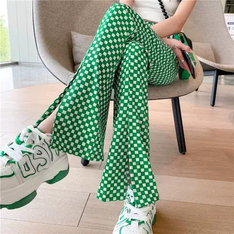 冰丝阔腿裤女夏季薄款微喇叭裤高腰显瘦垂感开叉棋盘格绿色格子裤图片