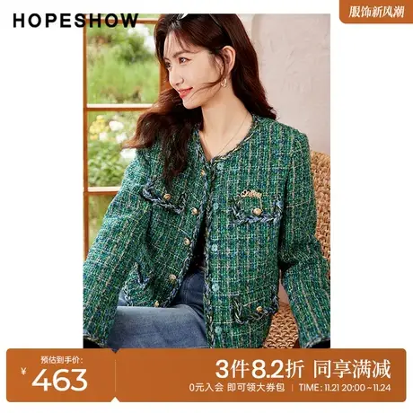 红袖outlets香风圆领外套女hopeshow2022冬季新款正肩单排扣上衣商品大图