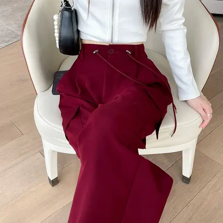 红色美式工装裤女春秋2024新款抽绳宽松直筒小个子阔腿休闲运动裤图片