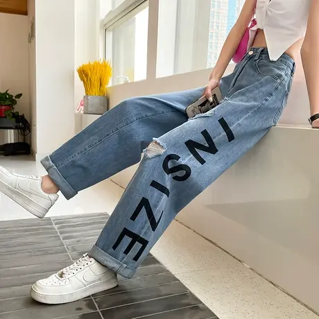 浅色破洞阔腿牛仔裤女春秋2023年新款高腰宽松显瘦小众字母直筒裤商品大图