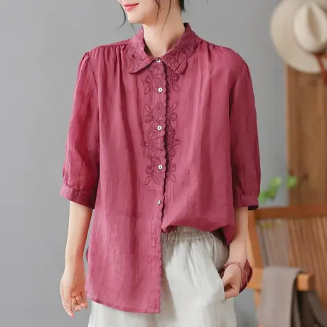 dza 复古刺绣苎麻衬衫女2023夏纯色翻领衬衣宽松显瘦棉麻开衫上衣商品大图